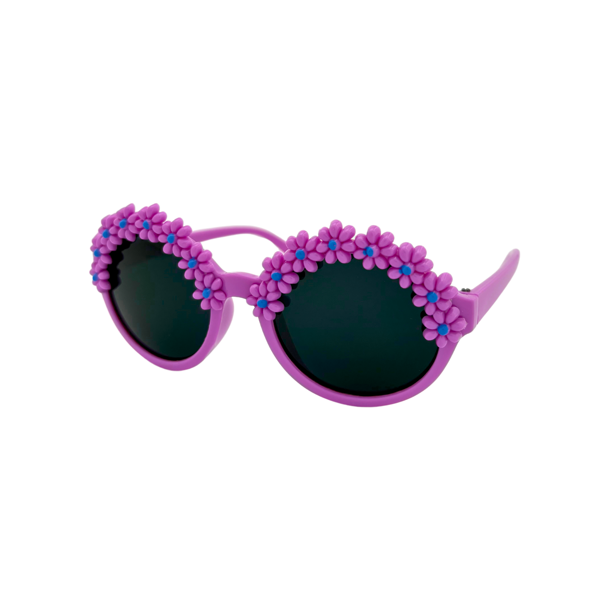Assorted flower kids sunglasses with smoke lenses in red, pink, dark pink, purple, blue, and white frames