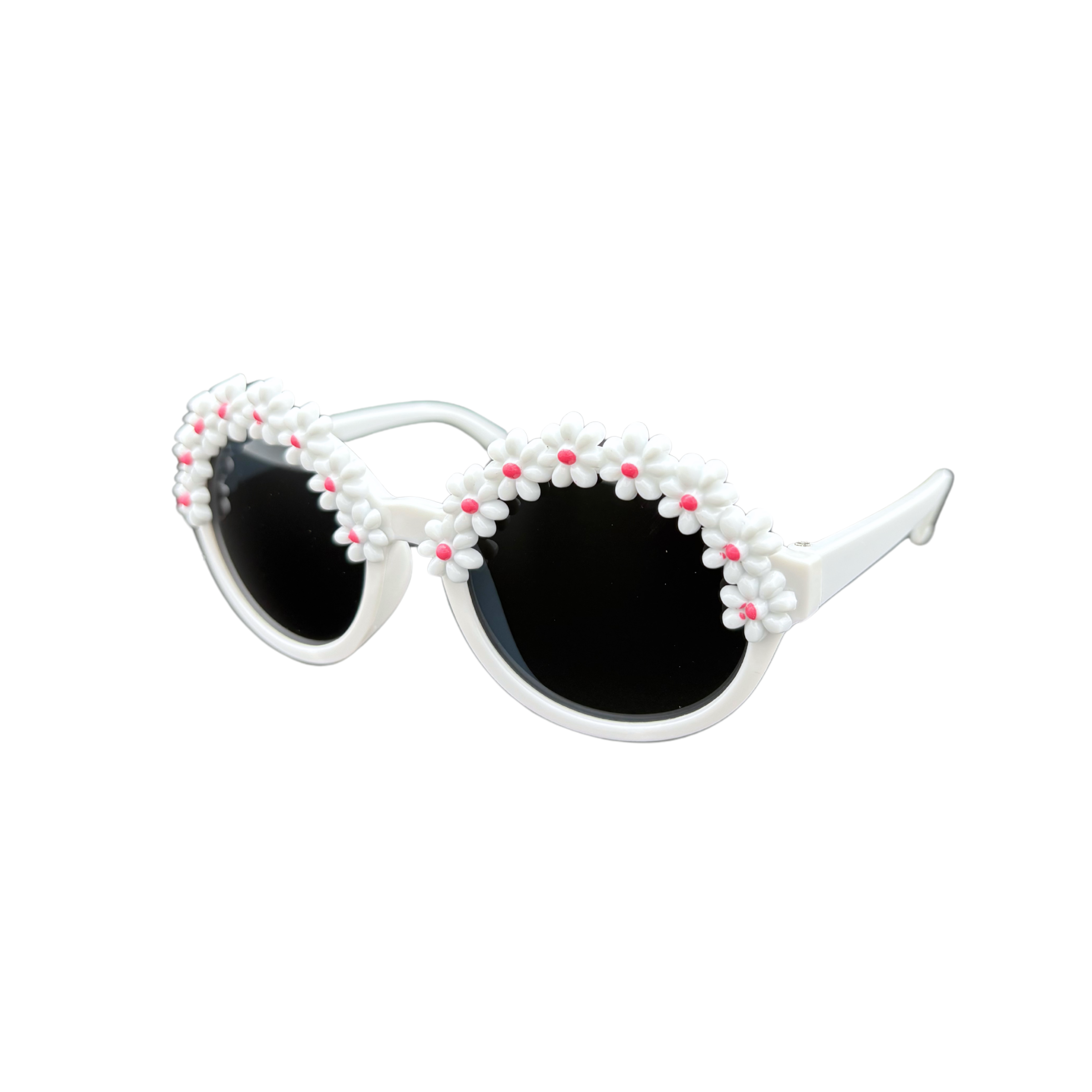 Assorted flower kids sunglasses with smoke lenses in red, pink, dark pink, purple, blue, and white frames
