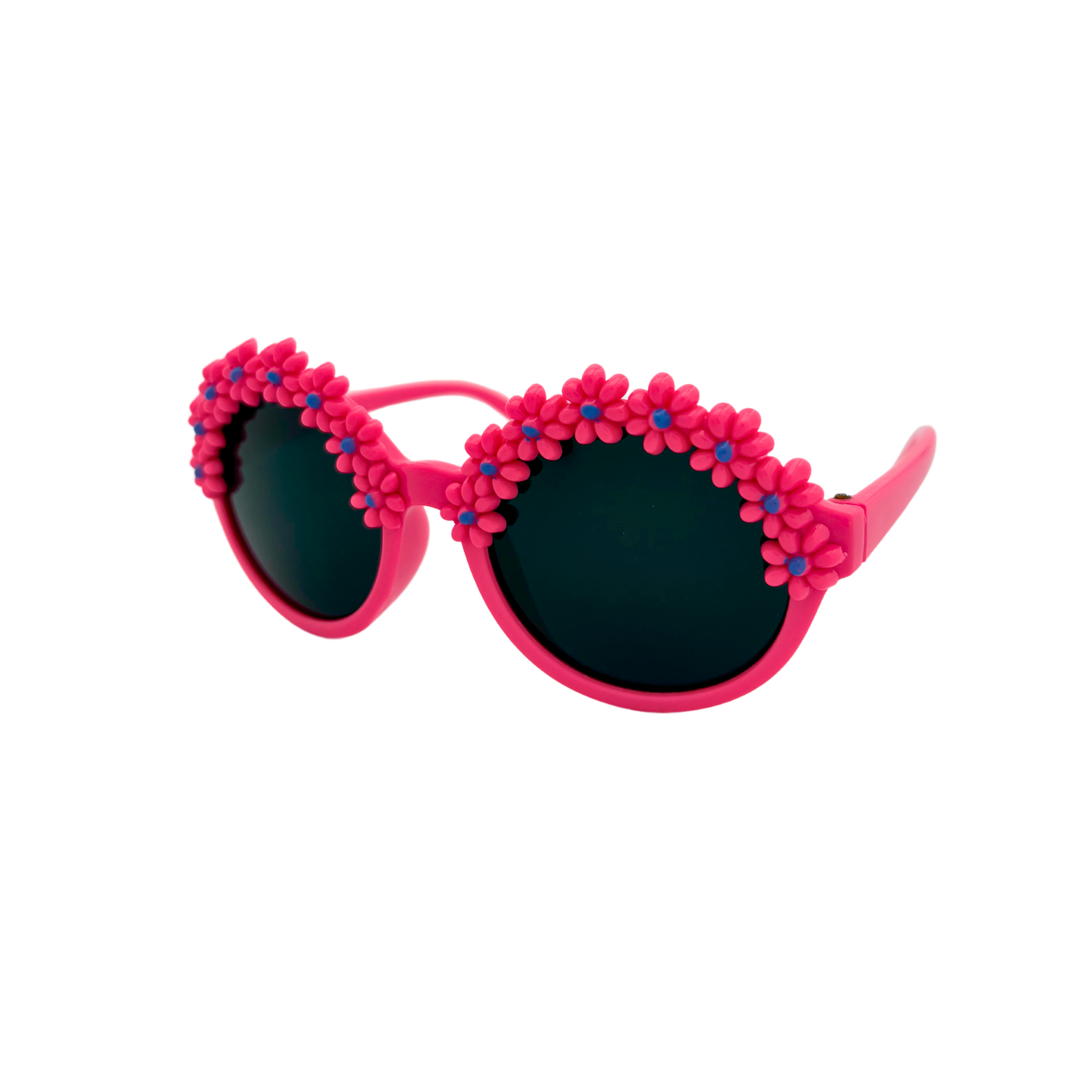 Assorted flower kids sunglasses with smoke lenses in red, pink, dark pink, purple, blue, and white frames
