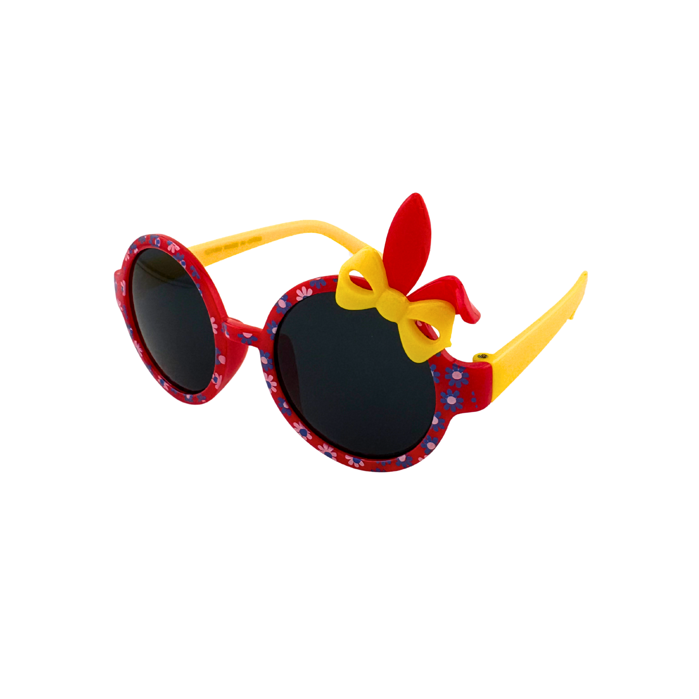 Children's sunglasses with a red frame, yellow bow, and dark lenses on a white background