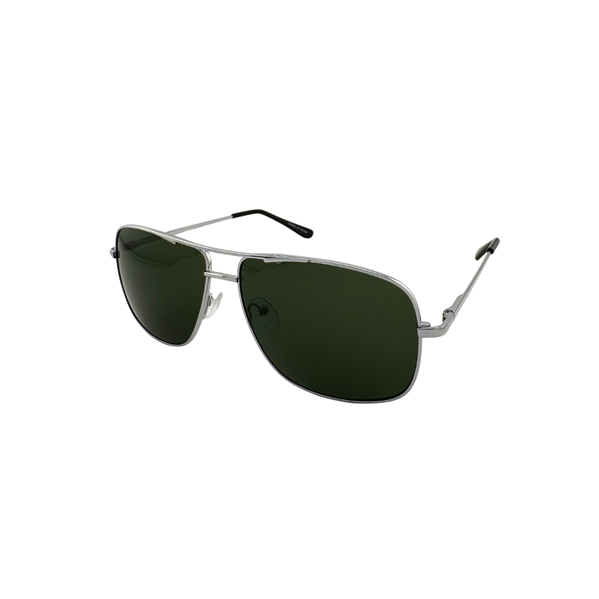 Aviator sunglasses with green lenses and silver frame on a white background