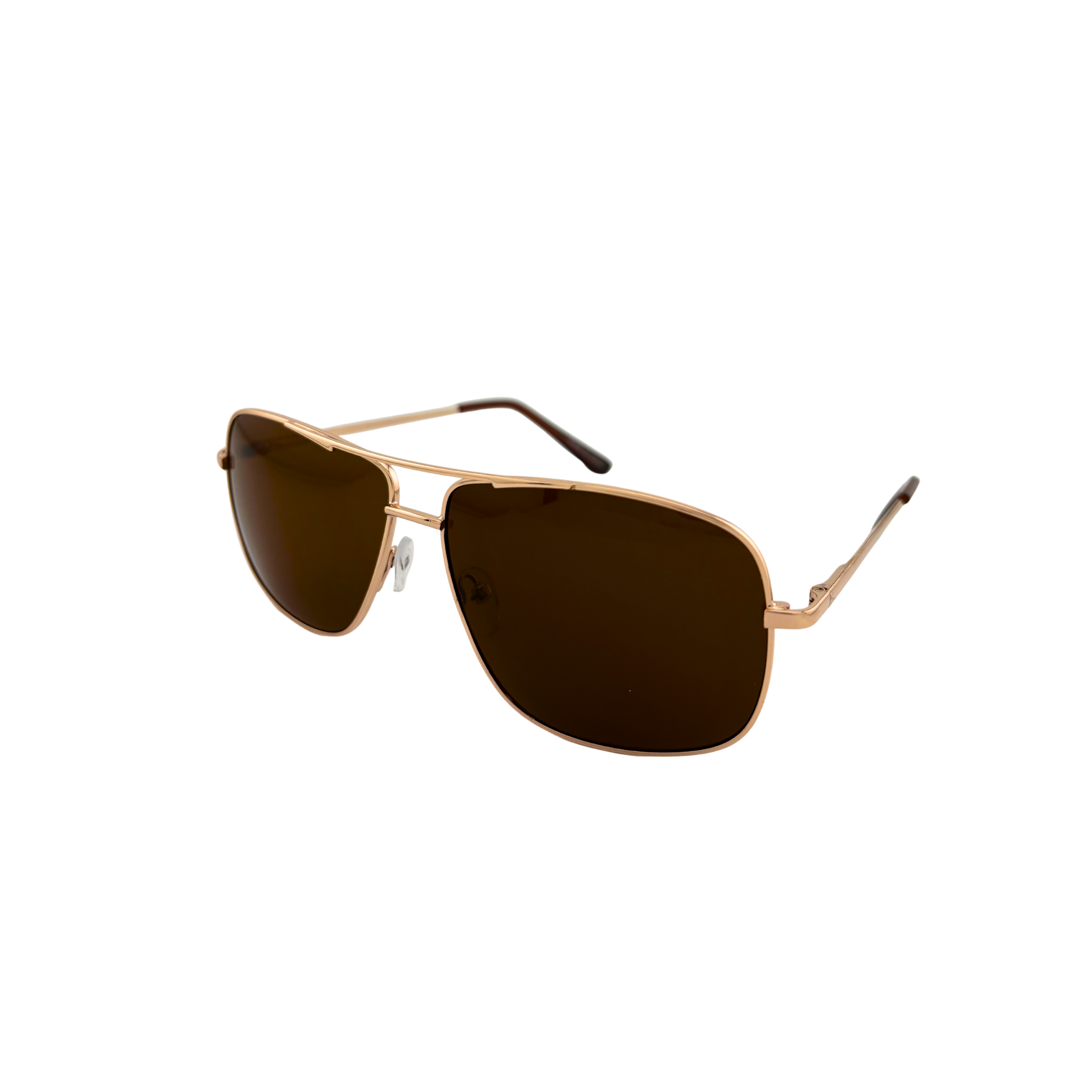 Gold-framed sunglasses with brown lenses on a white background