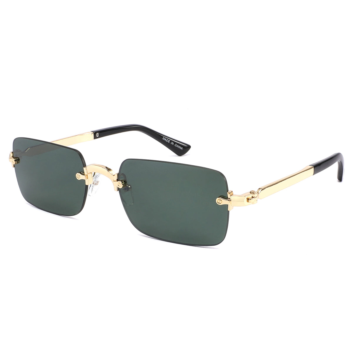 Rimless square sunglasses with dark green lenses, gold metal frames, and black temple tips, shown on a plain white background.