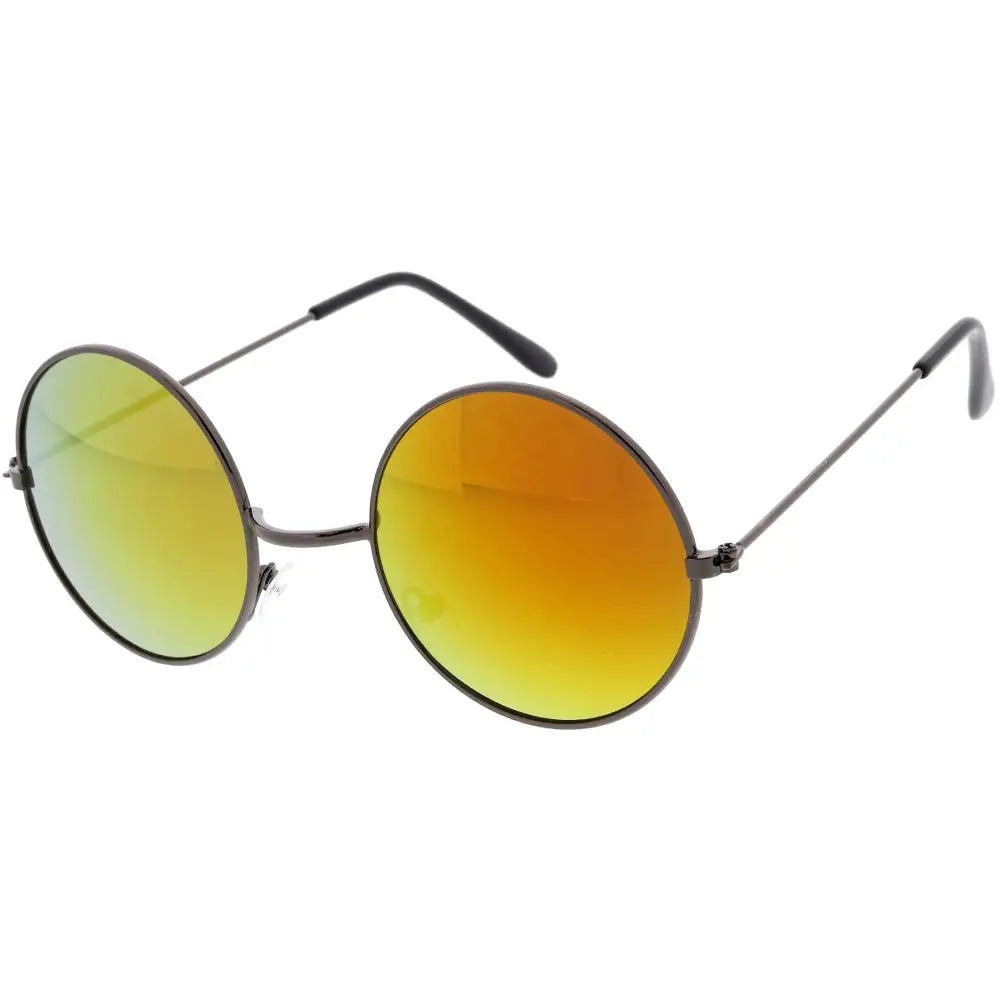 Round sunglasses set of 12 with gradient mirrored yellow to orange lenses and sleek black metal frames