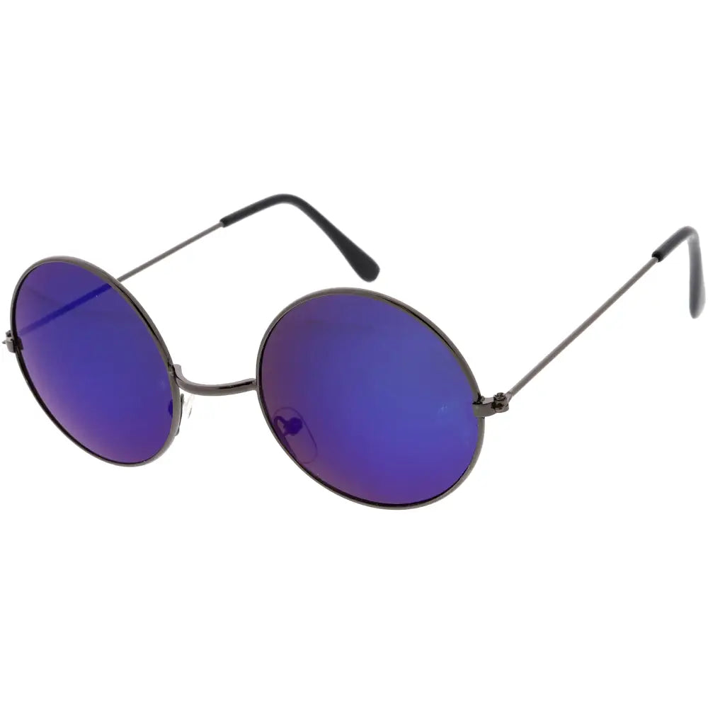 Gafas de sol redondas con lentes reflejantes azules y montura metálica negra estilizada, juego de 12 al10
