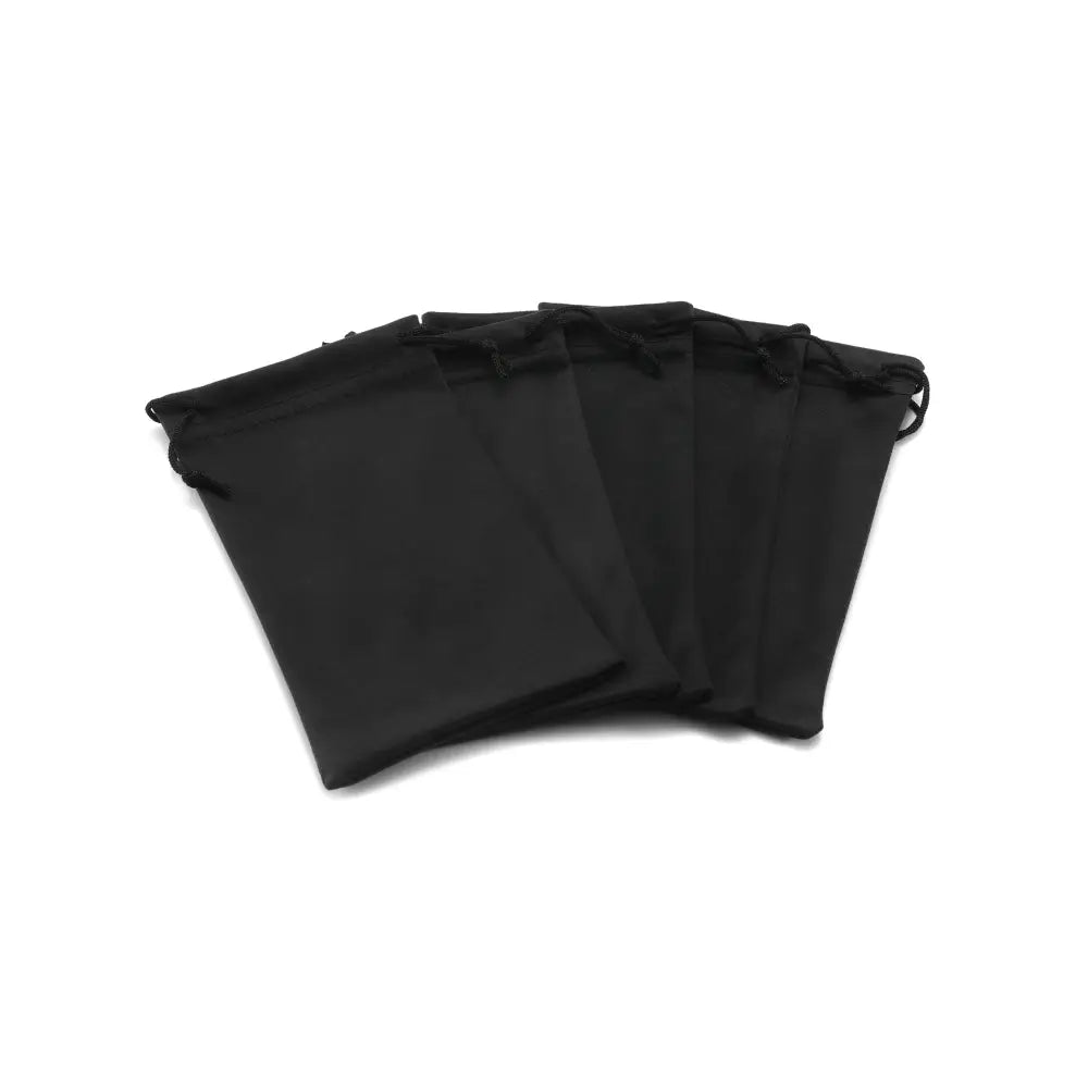 Black microfiber drawstring pouches made of soft fabric arranged in a fan-like display in a set of 12 pieces