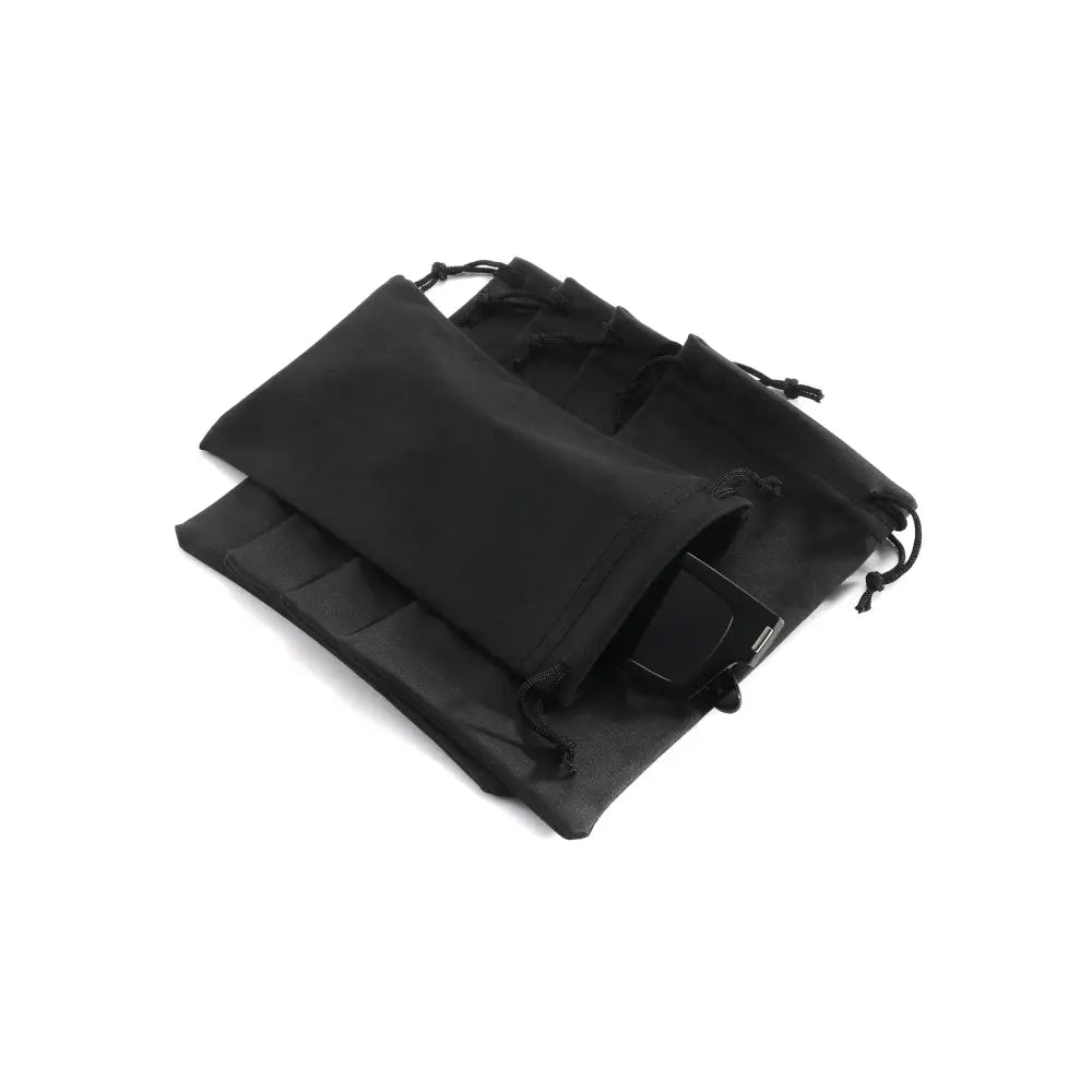 Black microfiber pouch with smooth reflective fabric and reinforced stitching designed for storing eyewear accessories