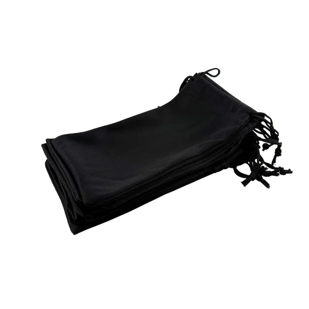 Black satin drawstring pouch with fringed ends shown with a set of 12 pieces