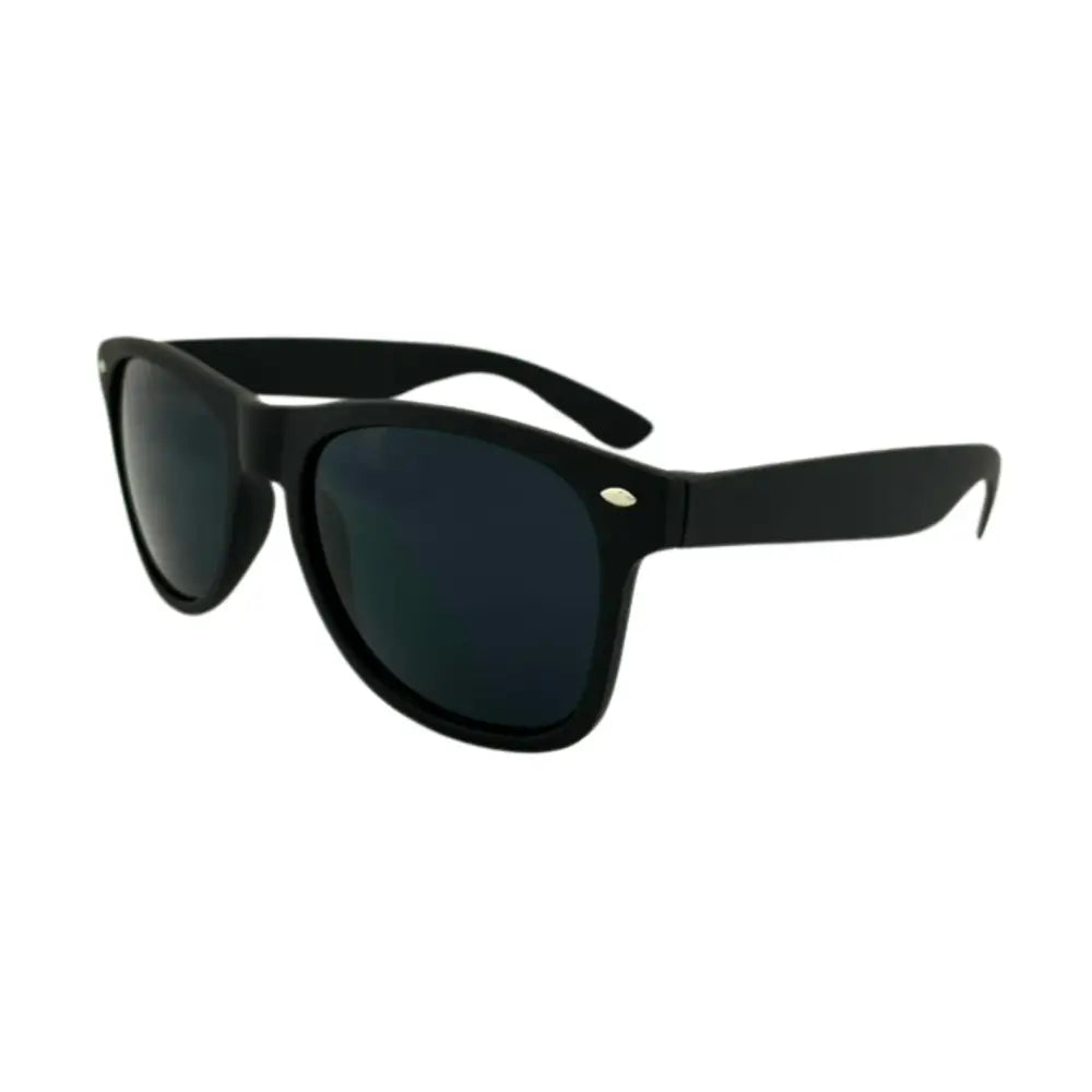 Black plastic framed sunglasses with dark gray lenses and small gold accent on bridge set of 12 ch10