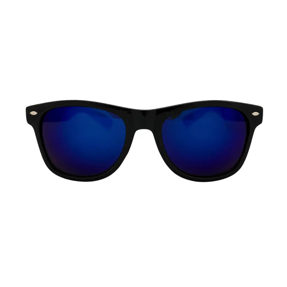 Assorted wayfarer sunglasses with shiny black frames and colorful revel lenses in yellow/green, yellow/orange, blue, and blue/green – fashionable UV400 protective eyewear for men and women