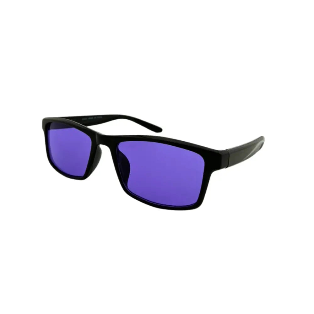 Black-framed sunglasses with round vibrant purple lenses in a set of 12 labeled CH231