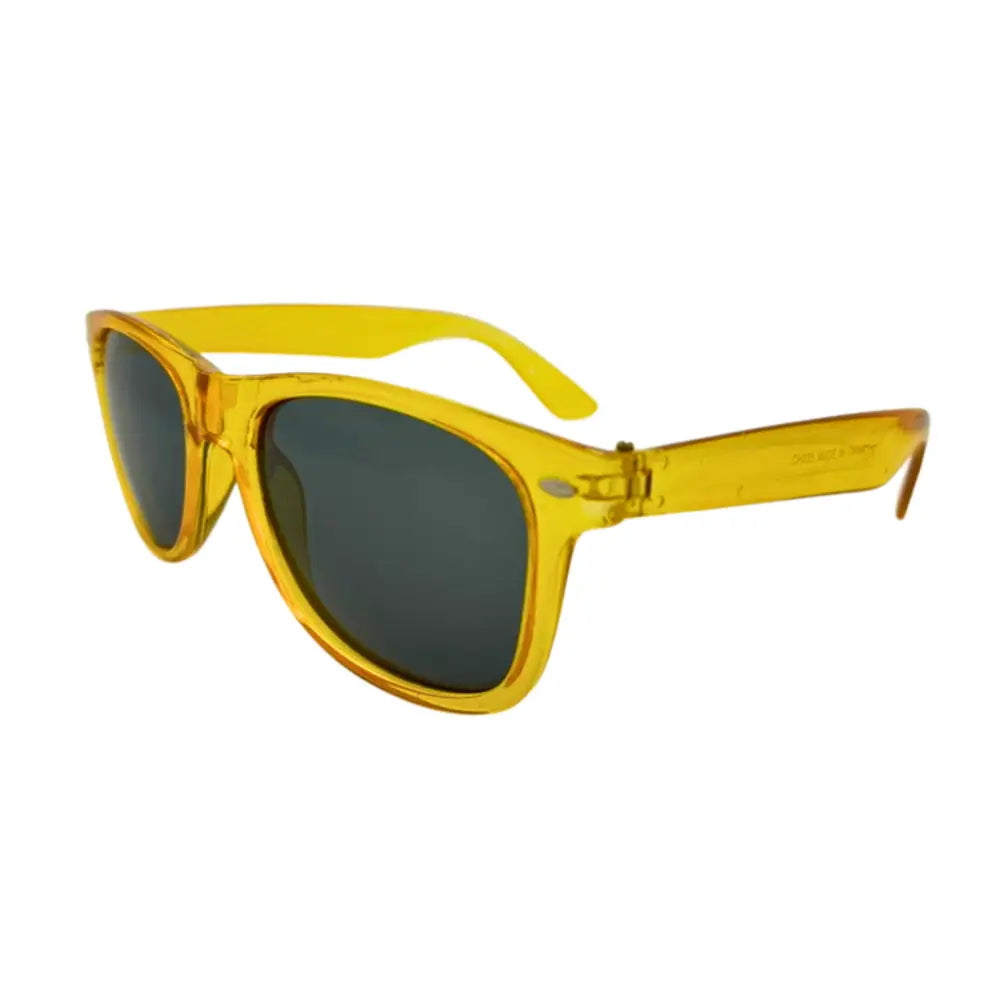 Yellow plastic-framed sunglasses with dark gray lenses in a set of 12 with rectangular shape