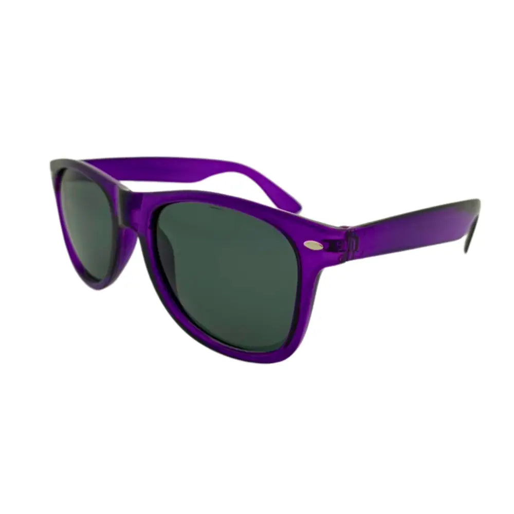 Set of 12 purple plastic-framed sunglasses with dark green lenses and a classic rectangular shape