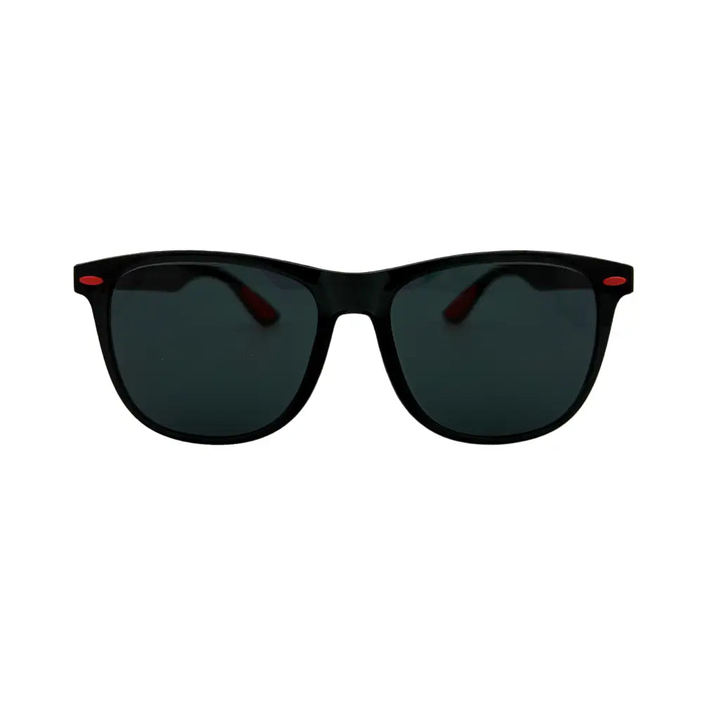 Black-framed sunglasses with dark gray lenses and red temple accents in a set of 12 ch255