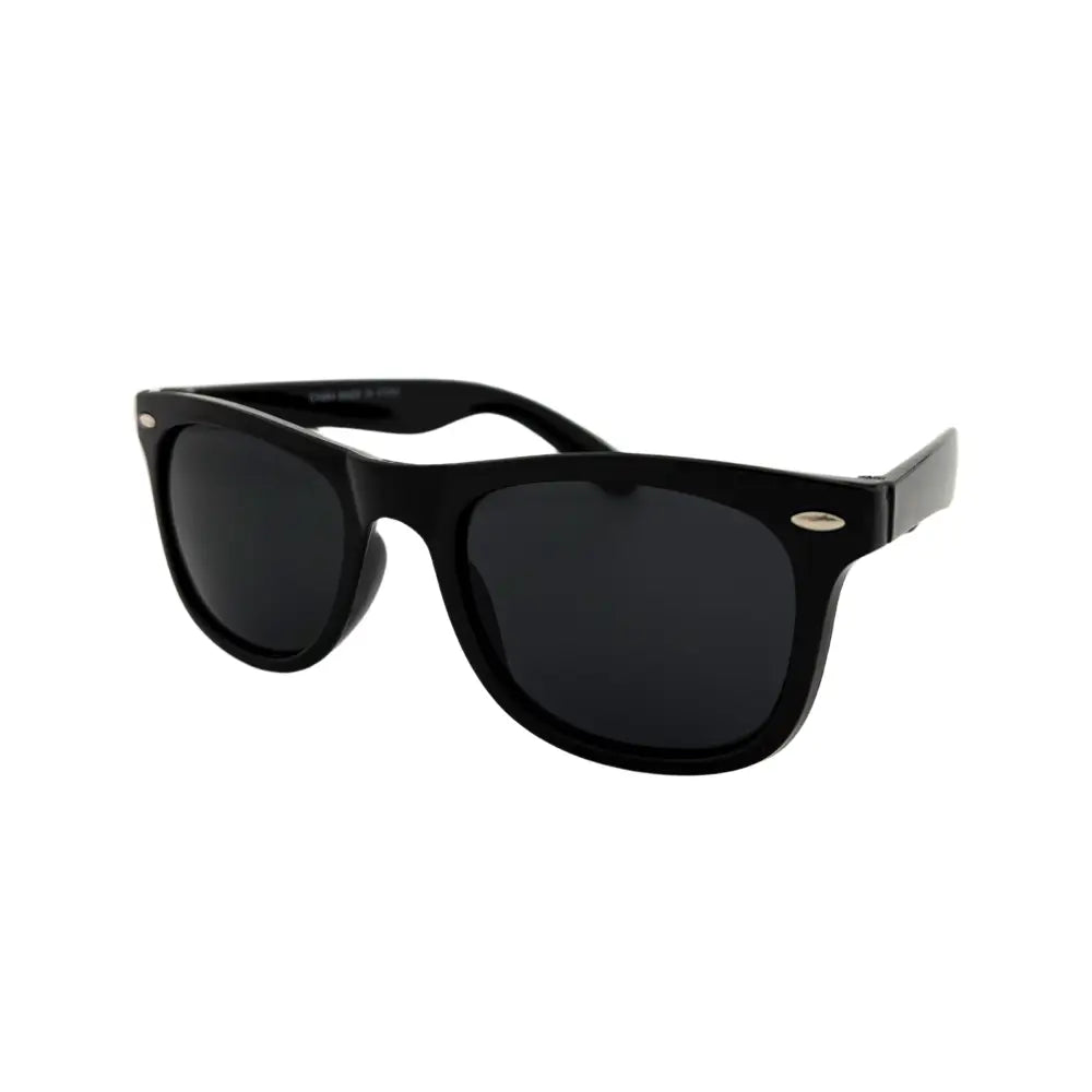 Black plastic-framed rectangular sunglasses with dark gray lenses in a set of 12 model ch264