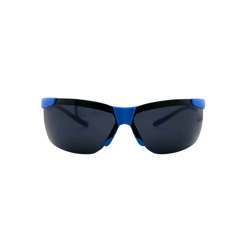Set of 12 blue and black safety glasses with dark gray wraparound lenses and durable frames