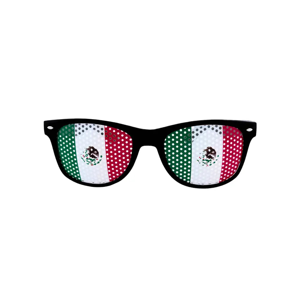 Gafas de sol wayfarer de montura negra con lentes con diseño de la bandera mexicana y emblema del águila bordado