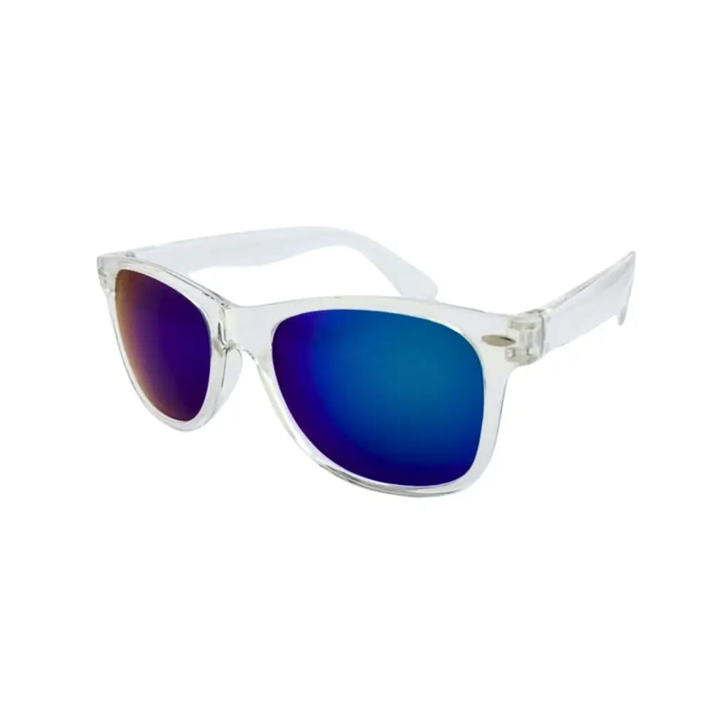 Clear-framed sunglasses with deep blue to purple mirrored lenses in a set of 12 titled ch84