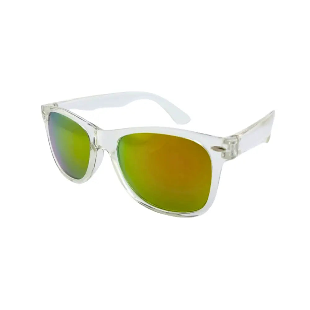 Clear-framed sunglasses with gradient green to orange mirrored lenses in a set of 12 CH84 style