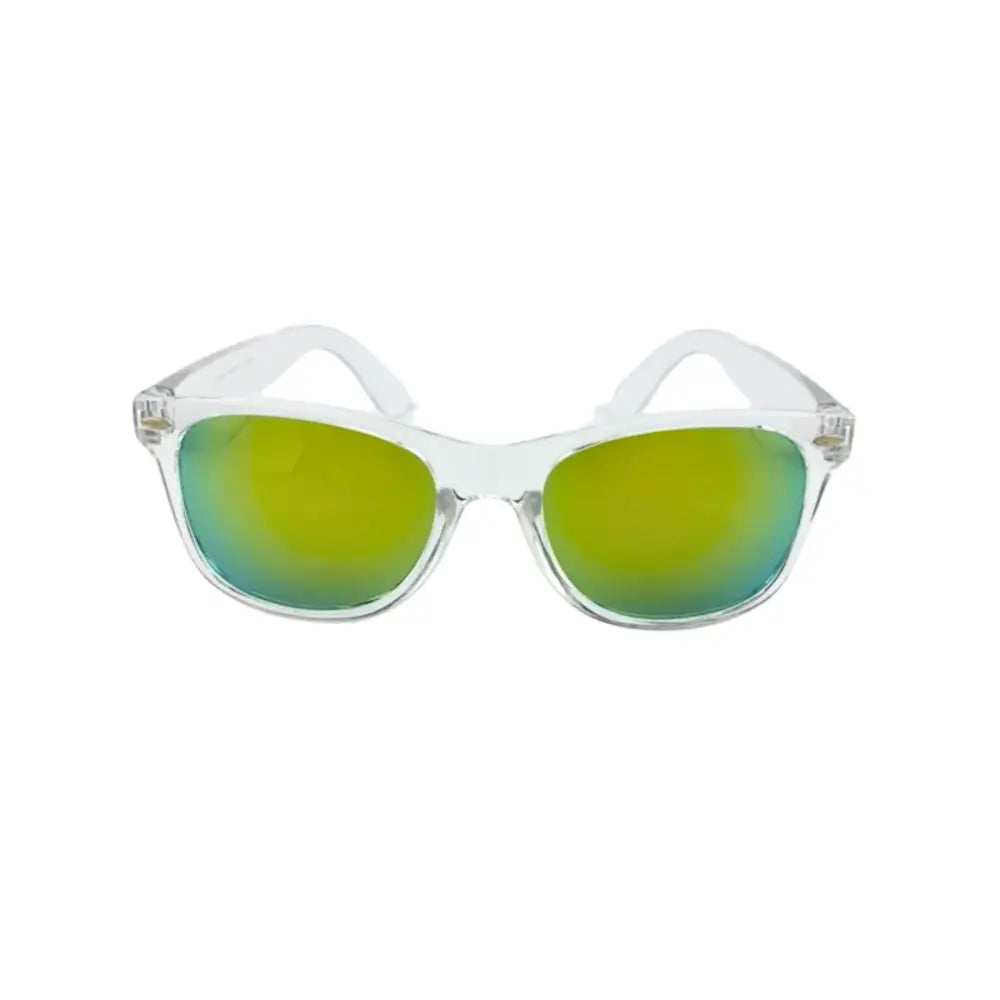 Clear-framed sunglasses with gradient green and yellow mirrored lenses in a set of 12 CH84
