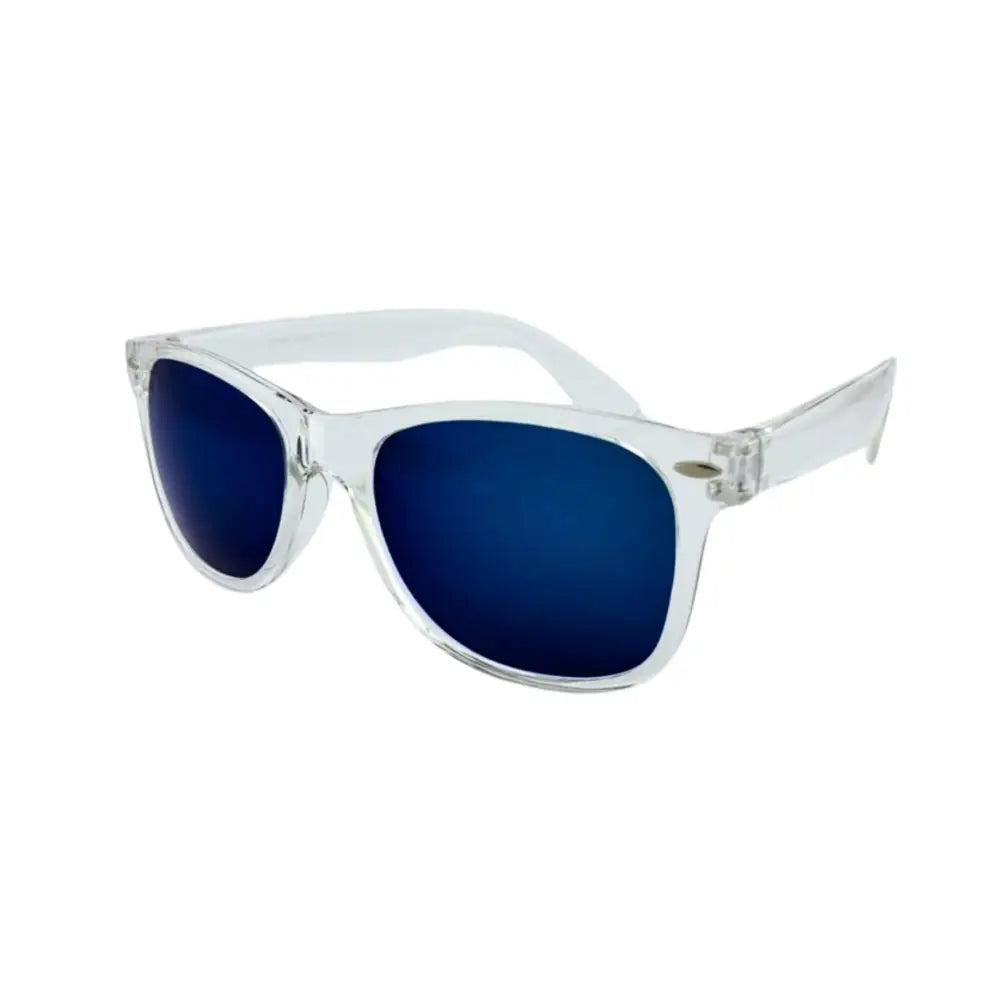 Clear plastic-framed sunglasses with dark blue mirrored lenses in a set of 12 titled ch84