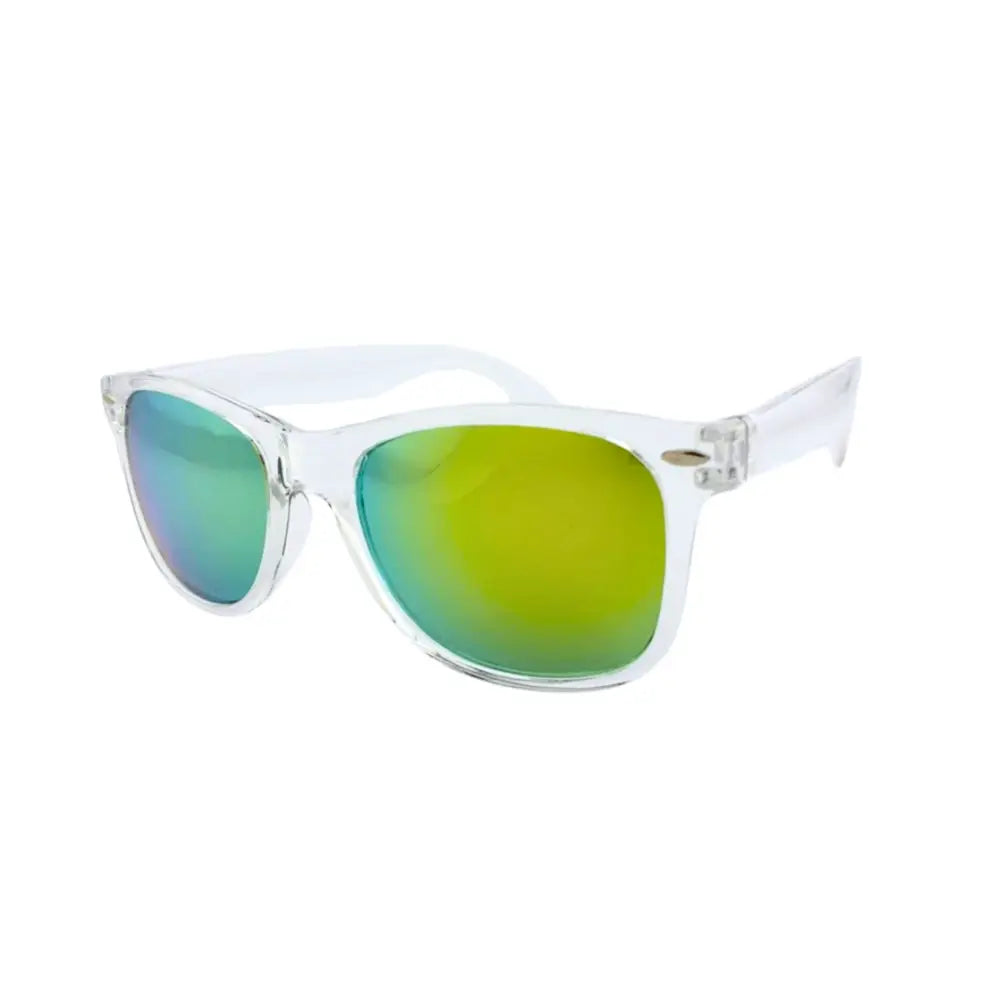 Clear-framed sunglasses with gradient green and blue mirrored lenses in a set of 12 CH84 style
