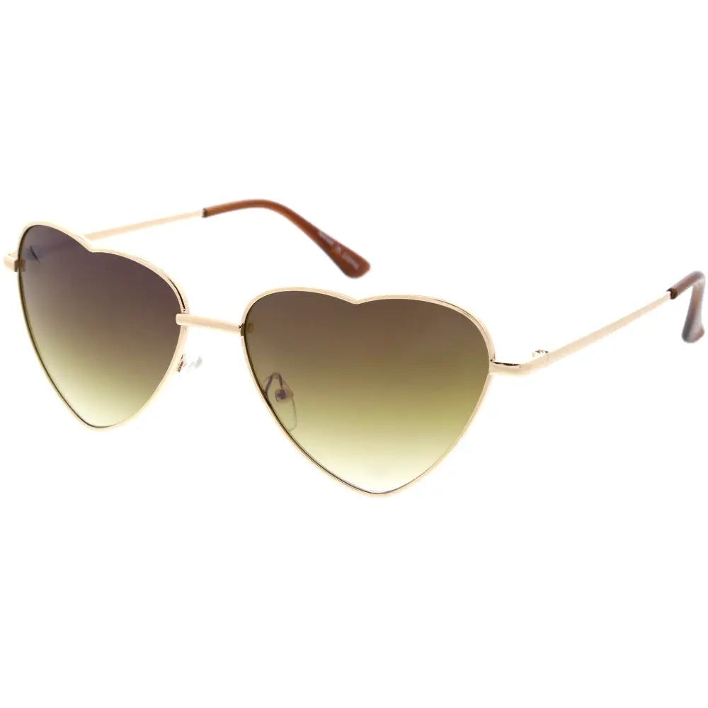 Gold-toned heart-shaped aviator sunglasses with gradient brown to green lenses and matching warm-toned temple tips set of 12