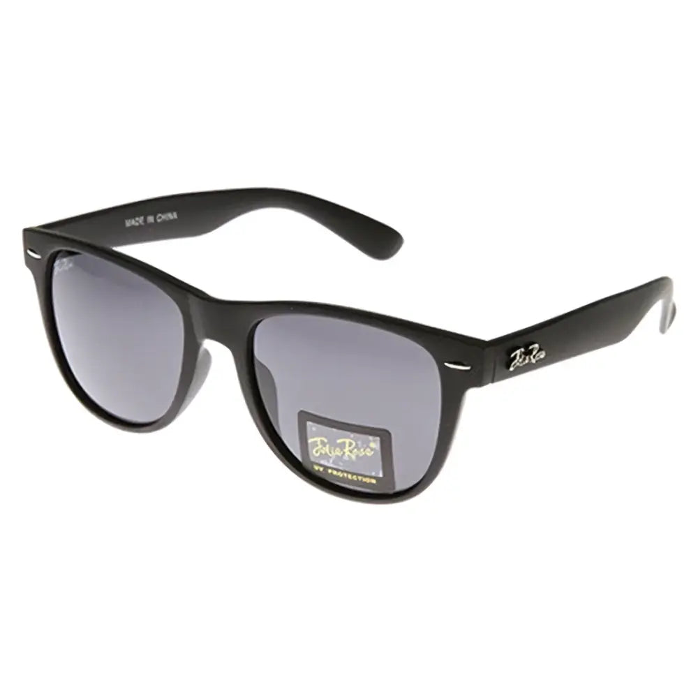 Black wayfarer sunglasses with gray gradient lenses shown in a set of 12 labeled jr105