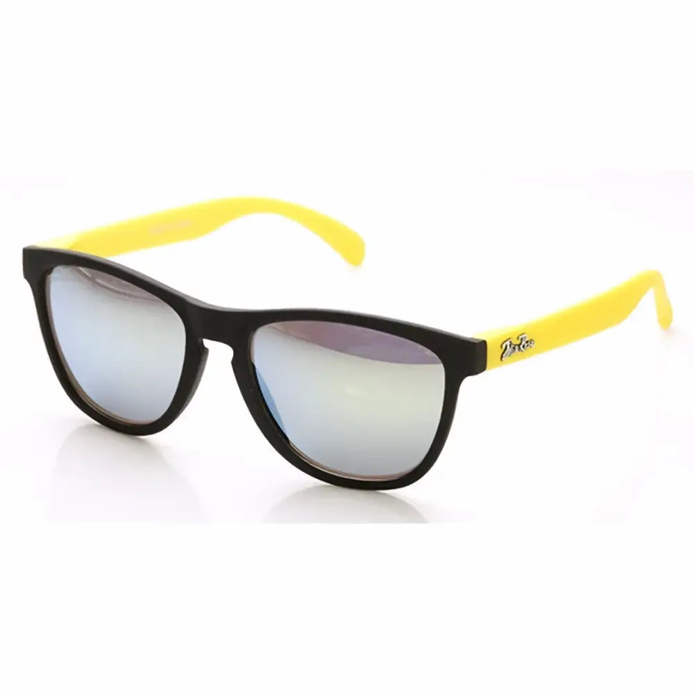 Jr111 set of 12 black-framed sunglasses with yellow temple arms and reflective silver lenses
