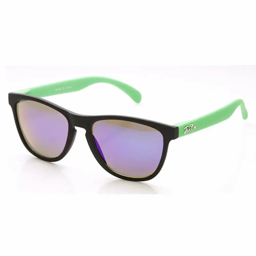Jr111 set of 12 sunglasses with black and mint green rectangular frames and purple mirrored lenses