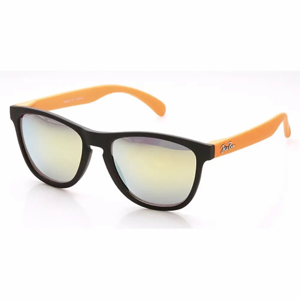 Set of 12 black-framed sunglasses with vibrant orange temple arms and reflective gradient lenses labeled JR111