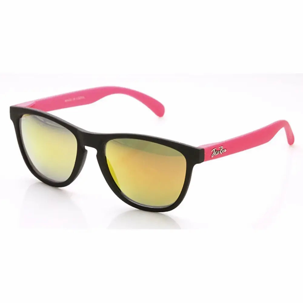Black-framed sunglasses jr111 set of 12 with vibrant pink temple arms and reflective yellow to orange gradient lenses