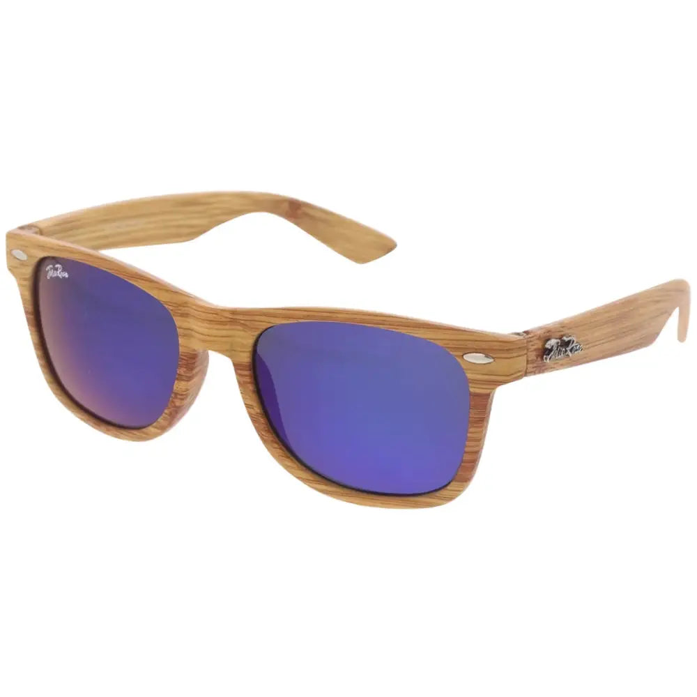 Wooden-framed sunglasses with blue mirrored lenses and subtle grain pattern set of 12 model jr199