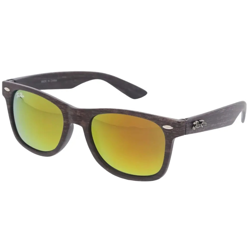 Dark wood-textured wayfarer sunglasses with gradient yellow-orange mirrored lenses set of 12 titled jr199