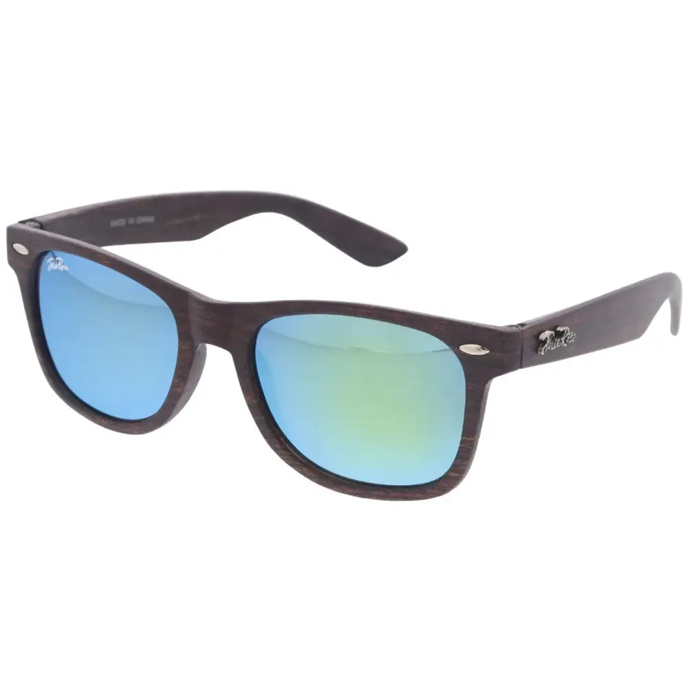 Dark wood-finish wayfarer sunglasses with gradient blue mirrored lenses in a set of 12