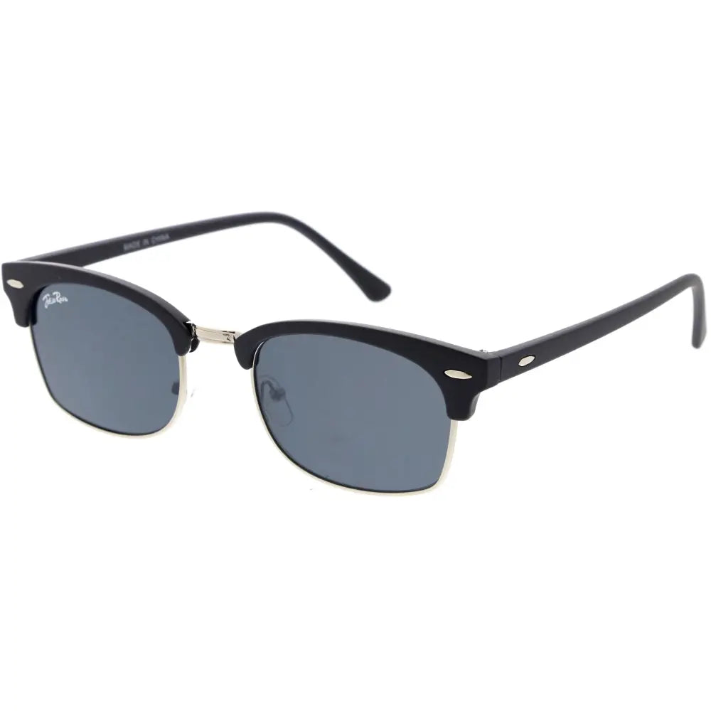 Black wayfarer sunglasses with dark gray lenses and silver metal accents from JR202 set of 12