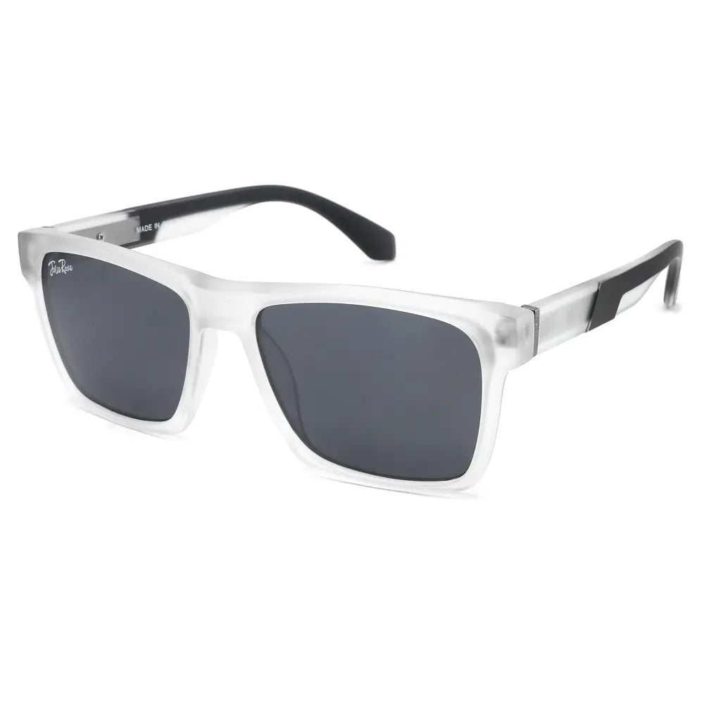 Clear acetate sunglasses with black temple tips and dark gray lenses in a modern rectangular frame jr222 set of 12