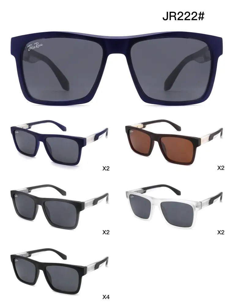 Navy blue rectangular-framed sunglasses with dark gray lenses and sleek modern design in a set of 12 labeled JR222