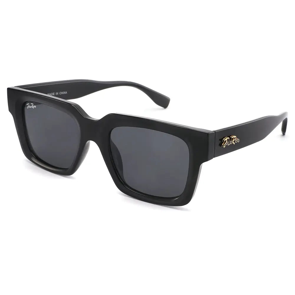 Black rectangular framed sunglasses with dark gray lenses and gold tone branding on temples set of 12