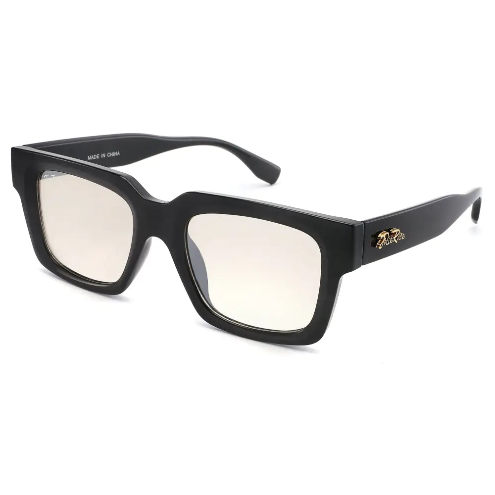 Black rectangular-framed sunglasses with gradient light-tinted lenses and a gold logo on the temple set of 12
