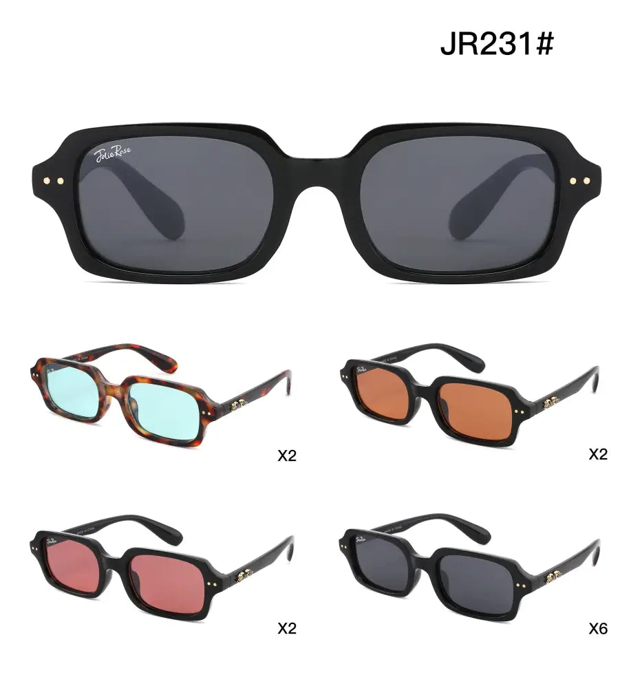 Black rectangular sunglasses with dark gray lenses and gold-tone accents on the temples set of 12 model jr231