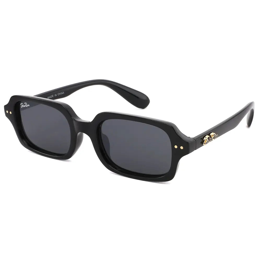 Black rectangular sunglasses with gold-tone embellishments on temples and dark gray lenses set of 12