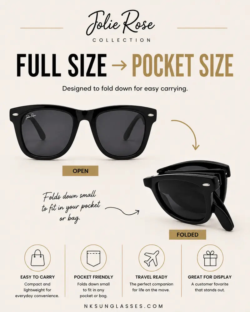 Foldable black plastic-framed sunglasses with dark gray lenses and spring hinges for compact portability set of 12