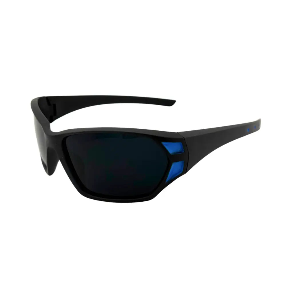 Black sport sunglasses kch56 set of 12 with blue accent panels on temples and dark tinted lenses