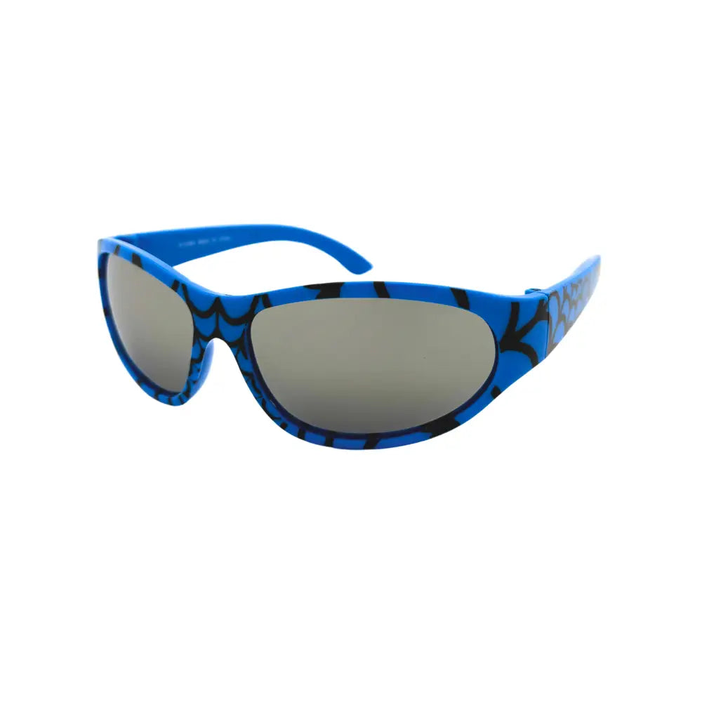 Gafas de sol azules con temática de Spider-Man, diseño de telaraña negro y lentes de espejo grises, juego de 12, modelo KCH68