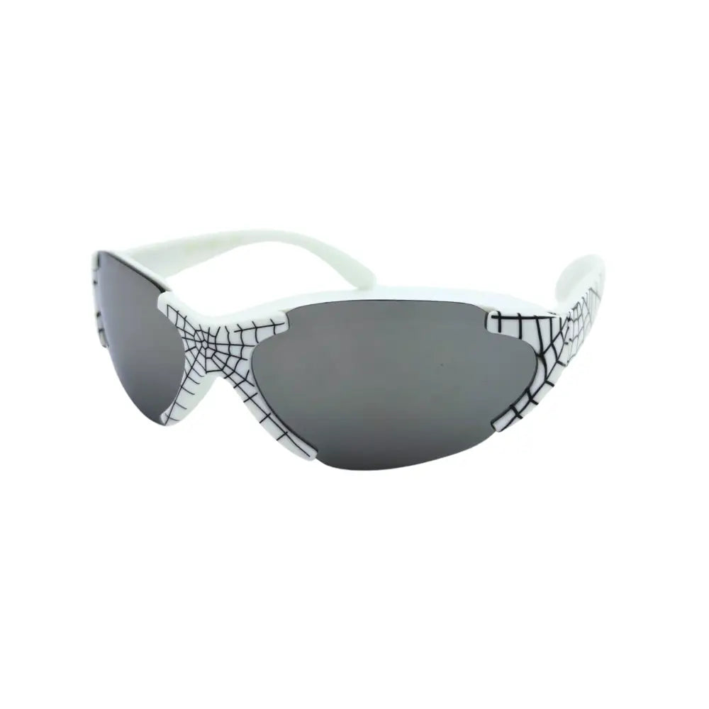 White sunglasses with black spiderweb pattern frames and dark gray mirrored lenses in a set of 12 kch69