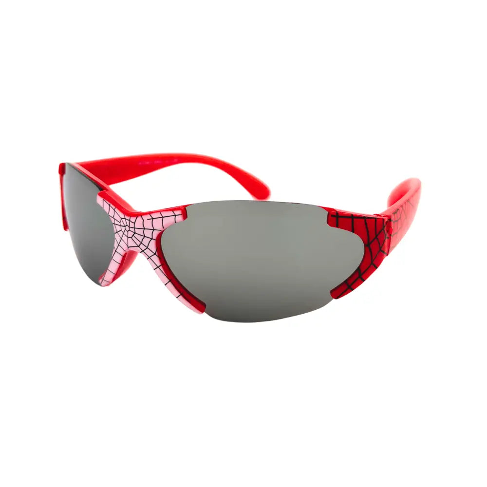 Red spider-man-themed sunglasses with glossy red frame and gray mirrored lenses in a set of 12 kch69