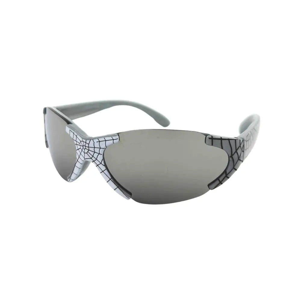 Set of 12 gray safety glasses with spiderweb-patterned frames and mirrored lenses