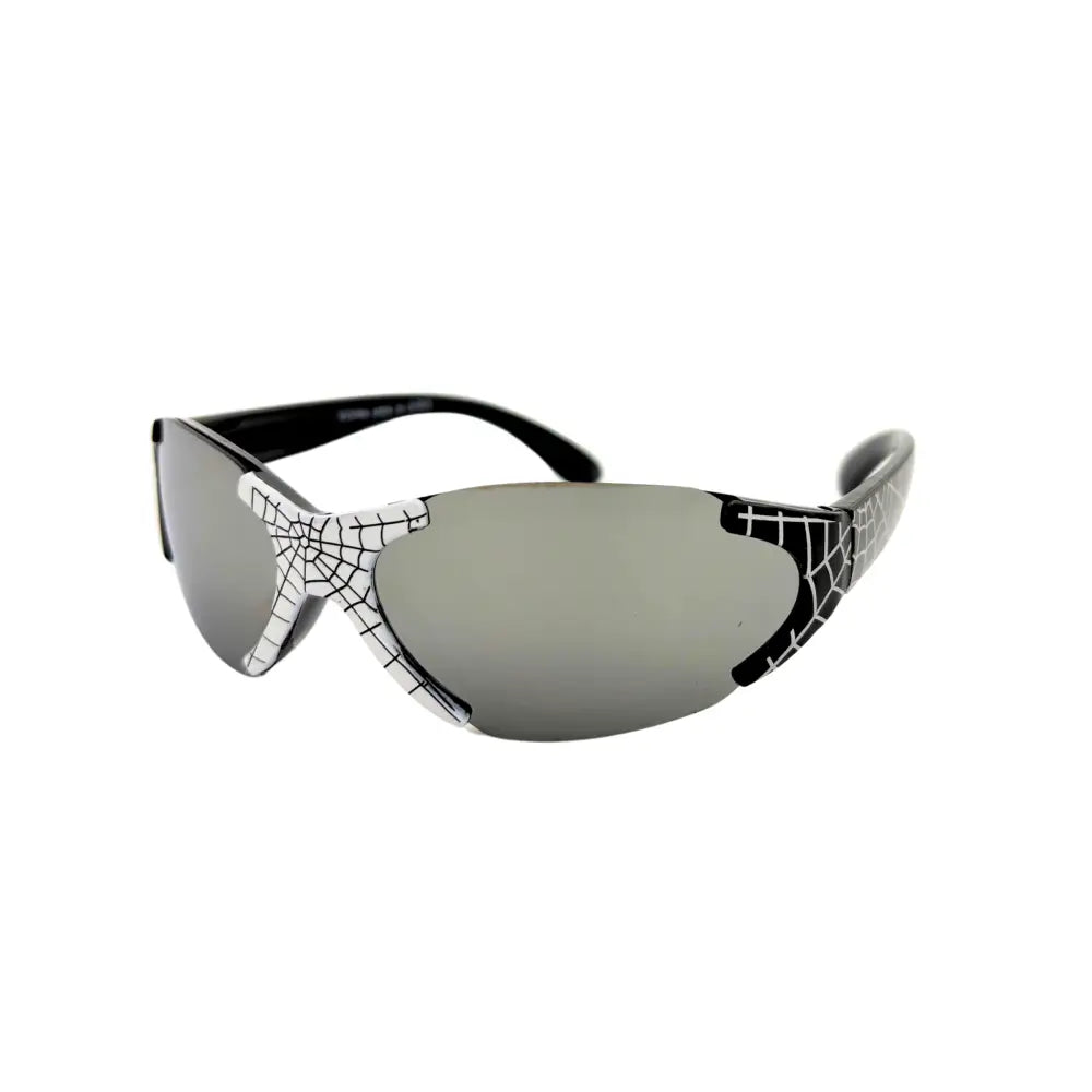 Black and white spiderweb-patterned safety glasses with gray mirrored lenses in a set of 12 KCH69