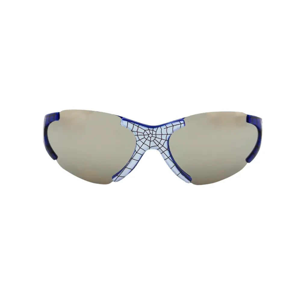 Set of 12 safety glasses with blue and white mosaic-patterned frames and mirrored lenses